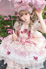 Pink [Sweetheart Bunny] Square Collar Flutter Sleeves Multi-Layered Jacquard Ruffled Embroidered Bow Lace Sweet Lolita Jsk Dress - Product - 3