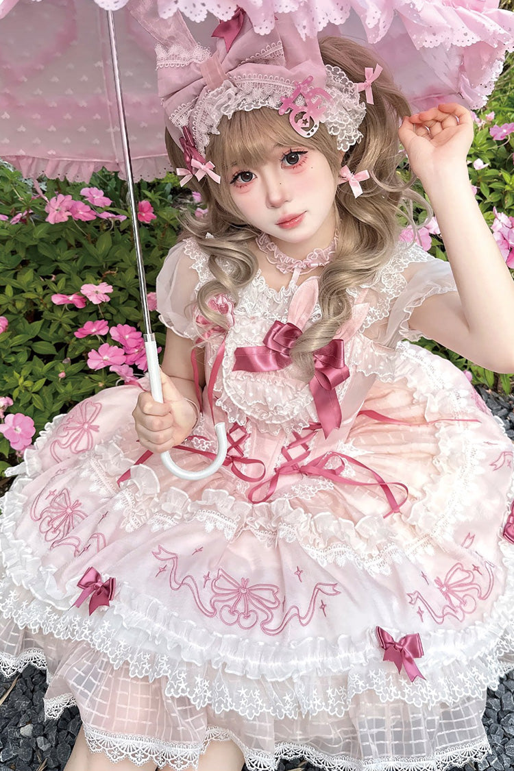 Pink [Sweetheart Bunny] Square Collar Flutter Sleeves Multi-Layered Jacquard Ruffled Embroidered Bow Lace Sweet Lolita Jsk Dress - Product - 3