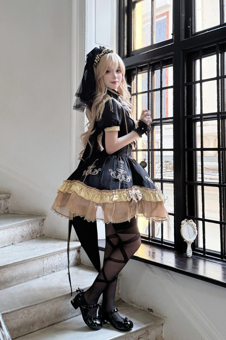 Black [Gilded Oath] Short Sleeves Double-Layered Ruffle Embroidery Bowknot Gothic Lolita Dress - Product - 15