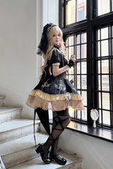 Black [Gilded Oath] Short Sleeves Double-Layered Ruffle Embroidery Bowknot Gothic Lolita Dress - Product - 15
