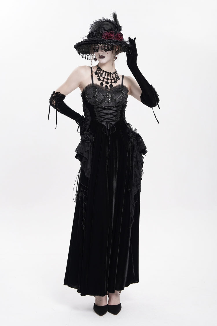 Black Sleeveless Ruffle Lace-Up Plumed Women's Gothic Long Slip Dress - Product - 2