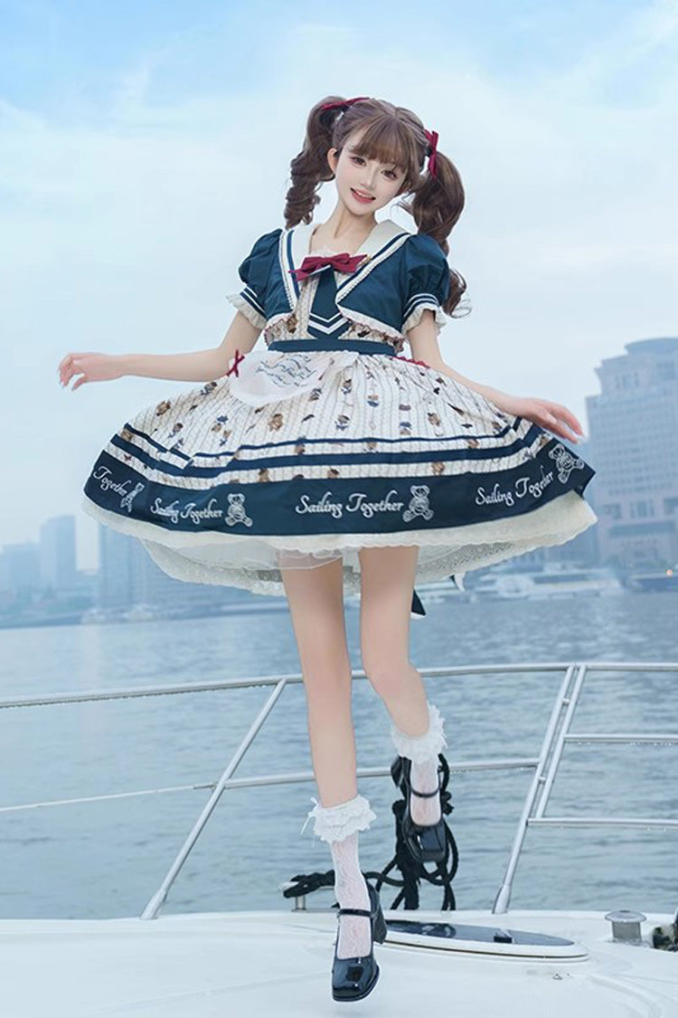 Blue/White Bear Print Navy Ruffle Bowknot Sweet Princess Lolita Jsk Dress - Product - 2