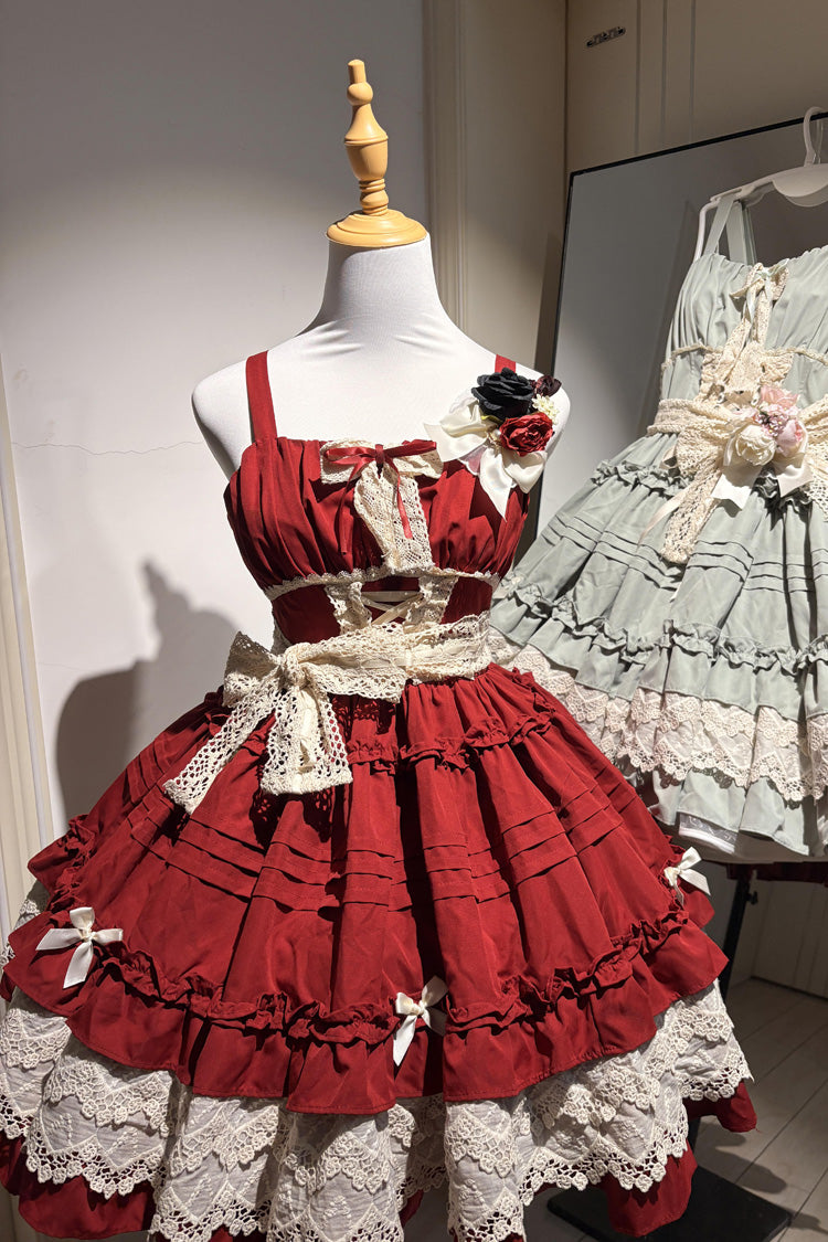 Red [Vivian] Off Shoulder Short Sleeves Ruffle Bowknot Lace Sweet Princess Lolita Dress - Product - 2