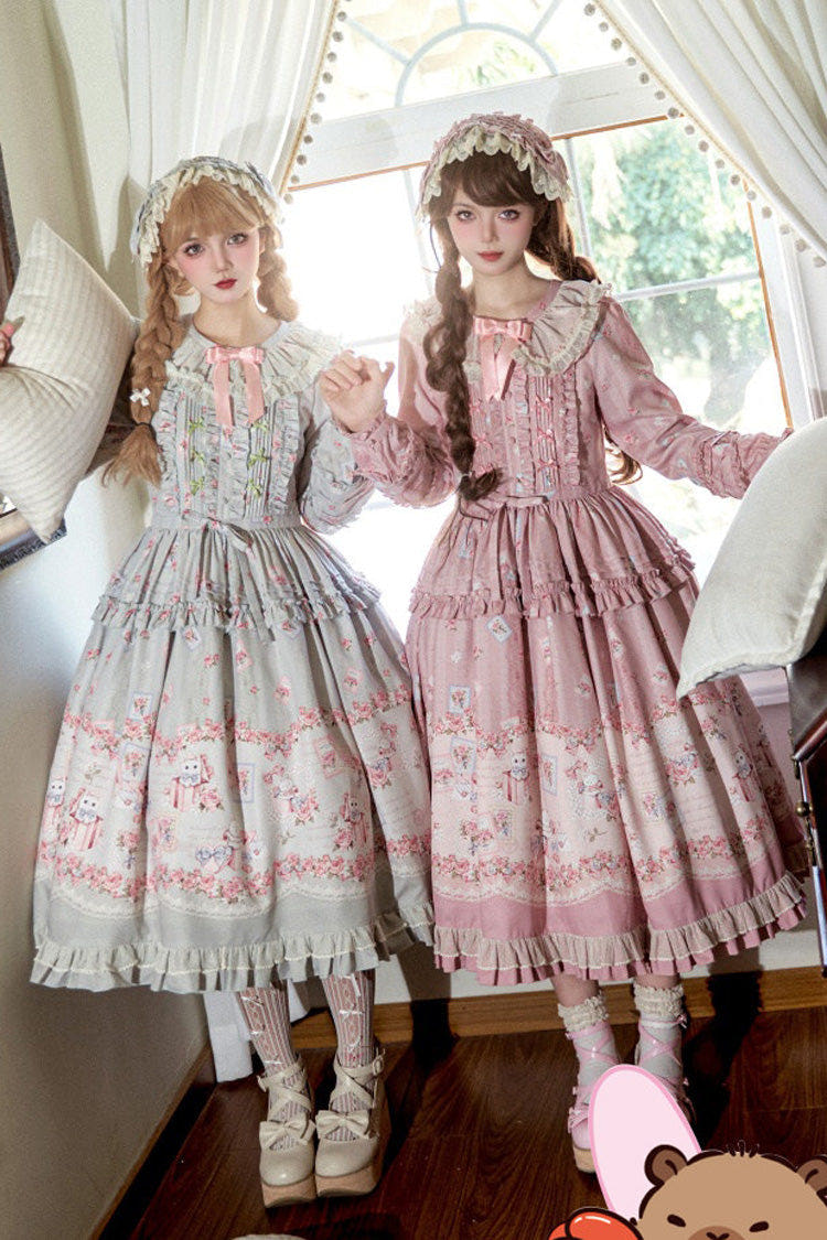 Sweet Long Sleeves FloralPrinted Ruffled Bow Plus Size Elegant Lolita Dress 2 Colors - Green - 1