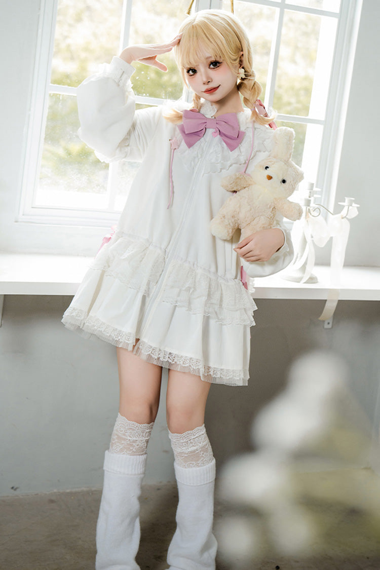 White Rabbit Ears Hooded Bowknot Lace Sweet Lolita Coat Set - Product - 4