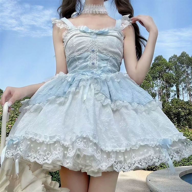 Pink and Light Blue Ruffled Lace Strap Dress with Bow Accent - view 5