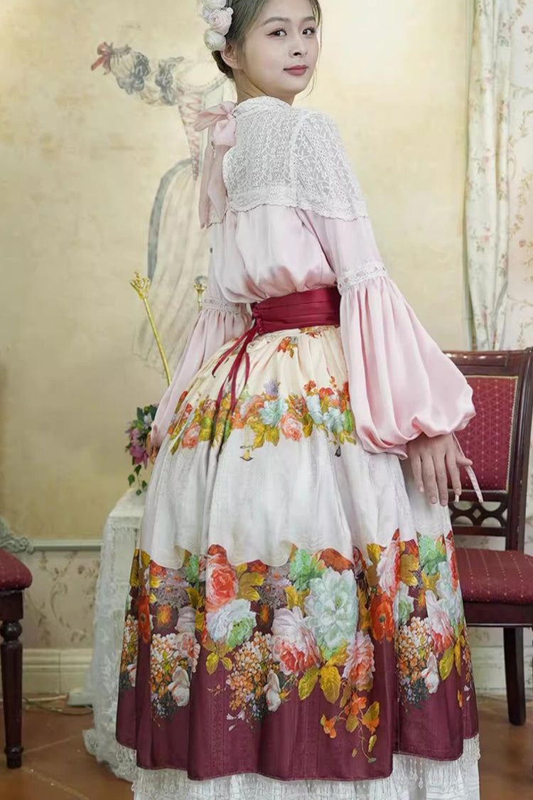 Red [Rainy Season Garden] Print Ruffle Sweet Classic Lolita Skirt - Product - 11