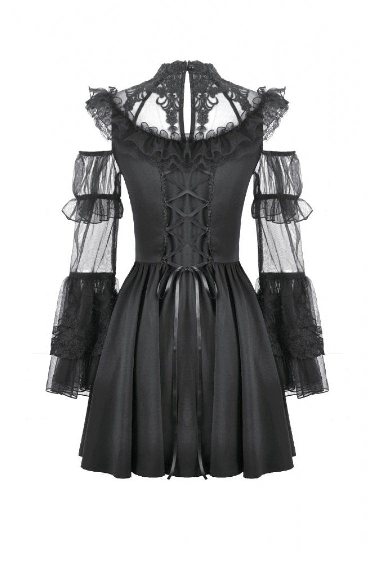 Black Cut-Out Multi-Layered Ruffled Long Trumpet Sleeves Sheer Mesh Splice Lace Lace-Up Women's Gothic Dress - Product - 11