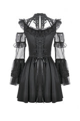 Black Cut-Out Multi-Layered Ruffled Long Trumpet Sleeves Sheer Mesh Splice Lace Lace-Up Women's Gothic Dress - Product - 11