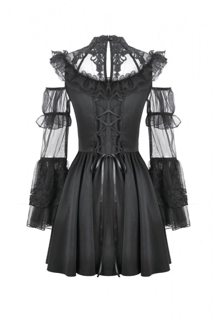 Black Cut-Out Multi-Layered Ruffled Long Trumpet Sleeves Sheer Mesh Splice Lace Lace-Up Women's Gothic Dress - Product - 11