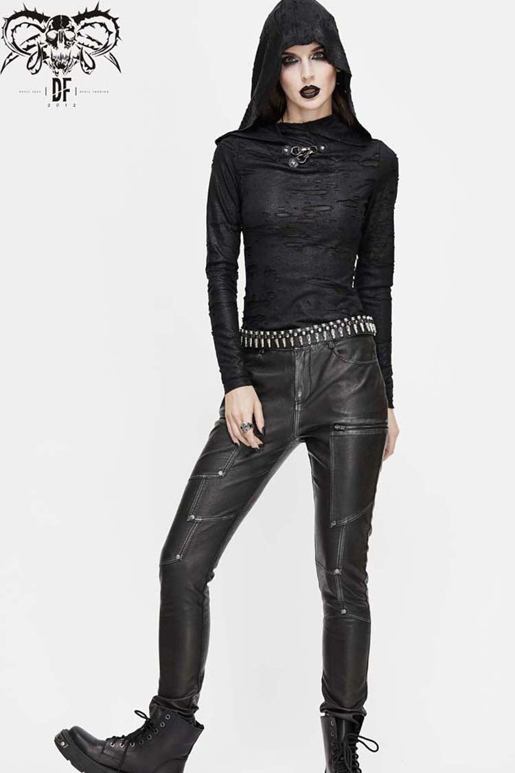 Black Hooded Snakeskin Ripped Pattern Triangle Metal Nail Asymmetrical Women's Punk Shirt - Product - 7