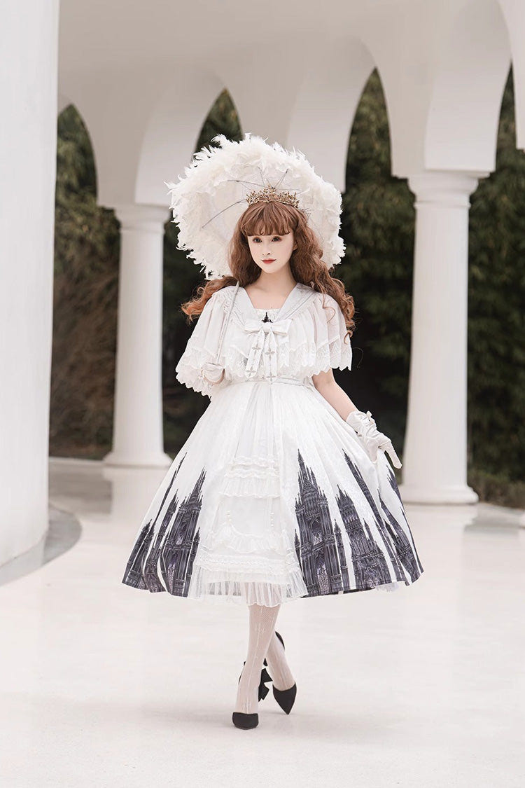 White Sleeveless Print Lace Gothic Vintage Princess Lolita Jsk Dress - Product - 3
