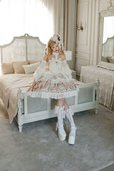 White [The Mystery of The Doll] Halterneck Print Ruffle Bowknot Drawstring Gothic Lolita Dress - Product - 9