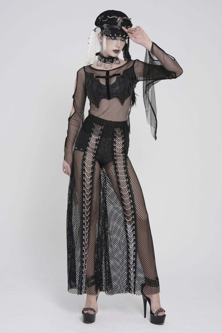 Black Round Collar Long Sleeves Cut-Out Sheer Eyelet Women's Punk Bat Cross Mesh T-Shirt - Product - 6