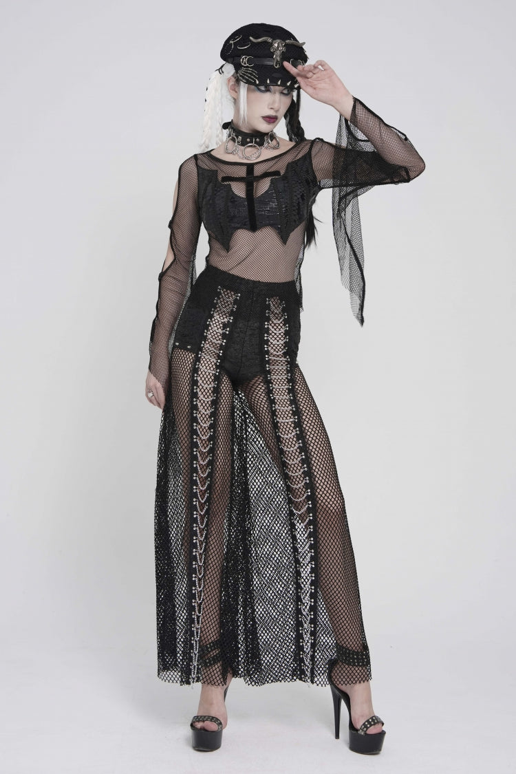 Black Round Collar Long Sleeves Cut-Out Sheer Eyelet Women's Punk Bat Cross Mesh T-Shirt - Product - 6