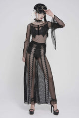 Black Round Collar Long Sleeves Cut-Out Sheer Eyelet Women's Punk Bat Cross Mesh T-Shirt - Product - 6