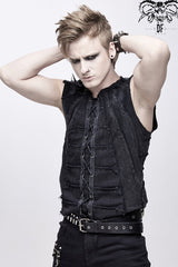 Black Patchwork Unedged Coarse Grain Leather Long Pointed Nails Distressed Men's Punk Vest - Product - 2