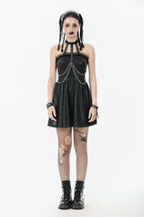 Black Halterneck Zippered Chain-Decorated Eyelet Women's Punk Faux Leather Dress - Product - 9