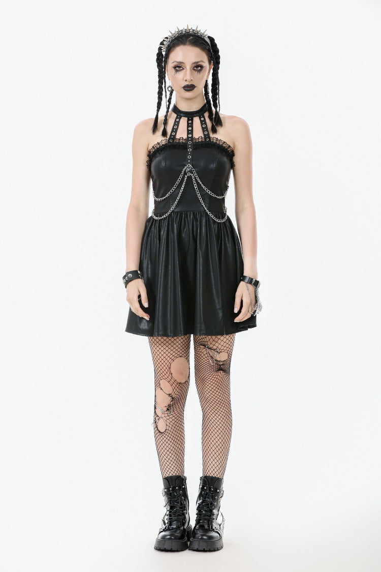 Black Halterneck Zippered Chain-Decorated Eyelet Women's Punk Faux Leather Dress - Product - 9