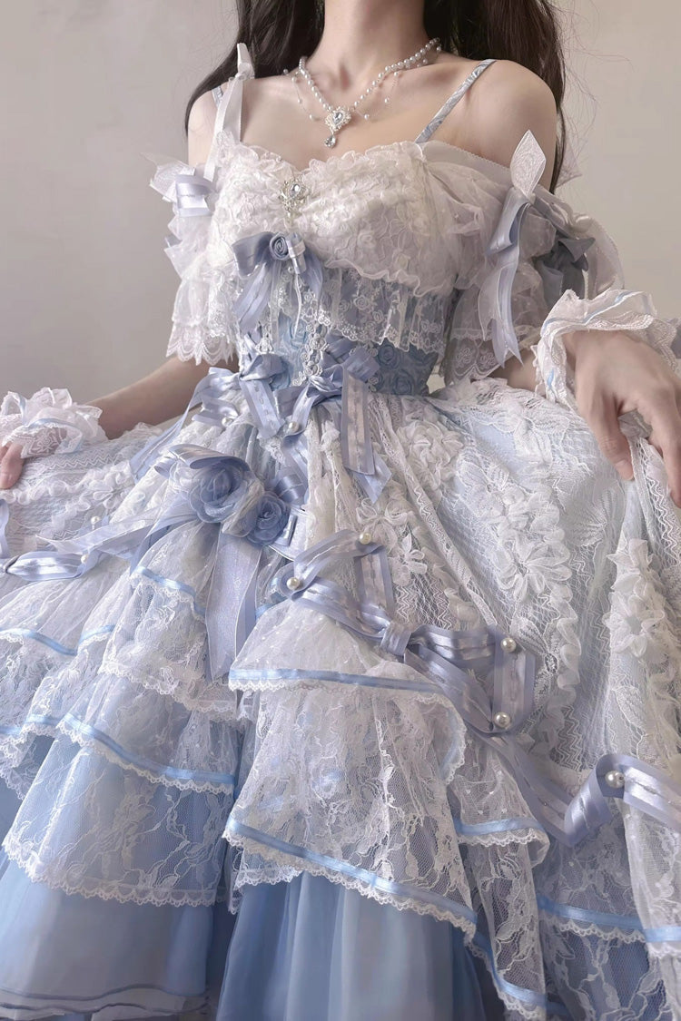 Blue [Diane Rose] Short Sleeves Multi-Layered Jacquard Ruffle Hanayome Cardigan Bowknot Lace Sweet Lolita Dress - Product - 16