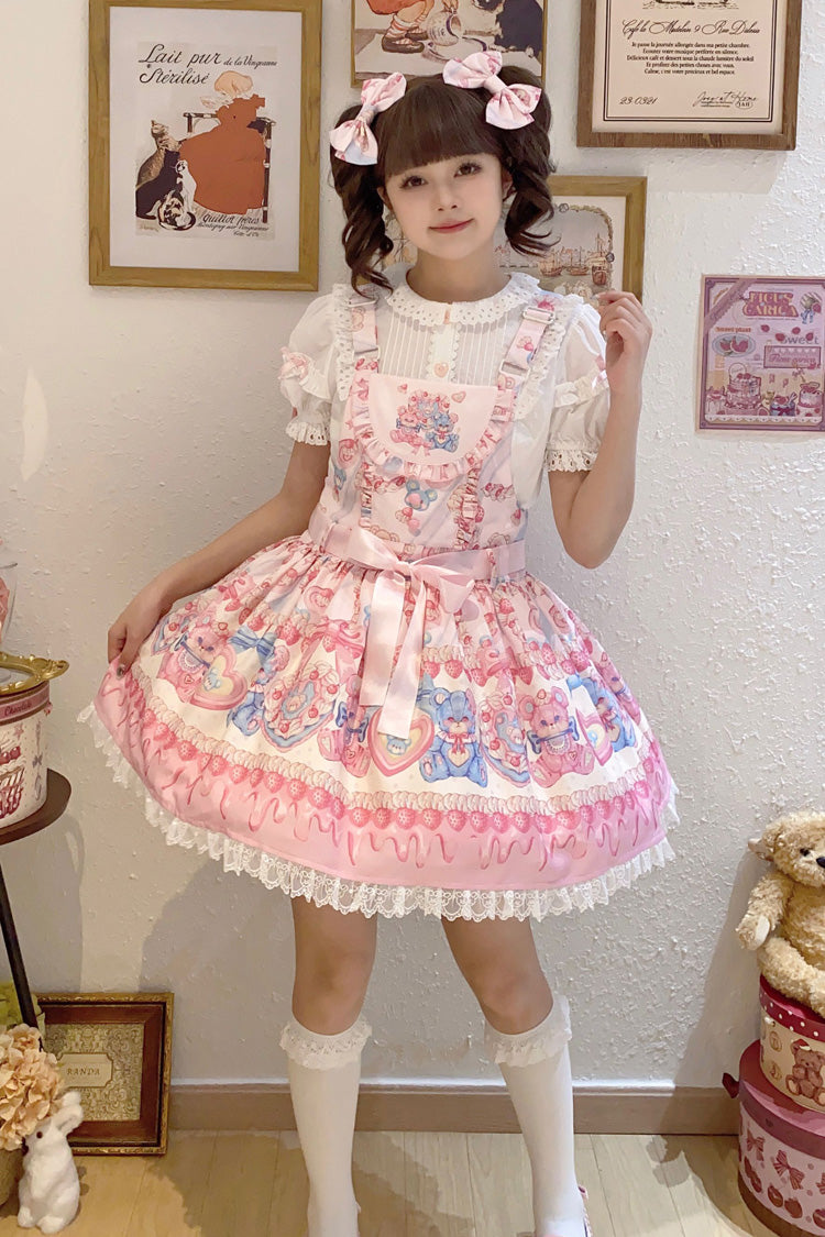 Milky Berry Bear Print Pink Bowknot Stitching Lace Sweet Lolita Strap Dress - Product - 2