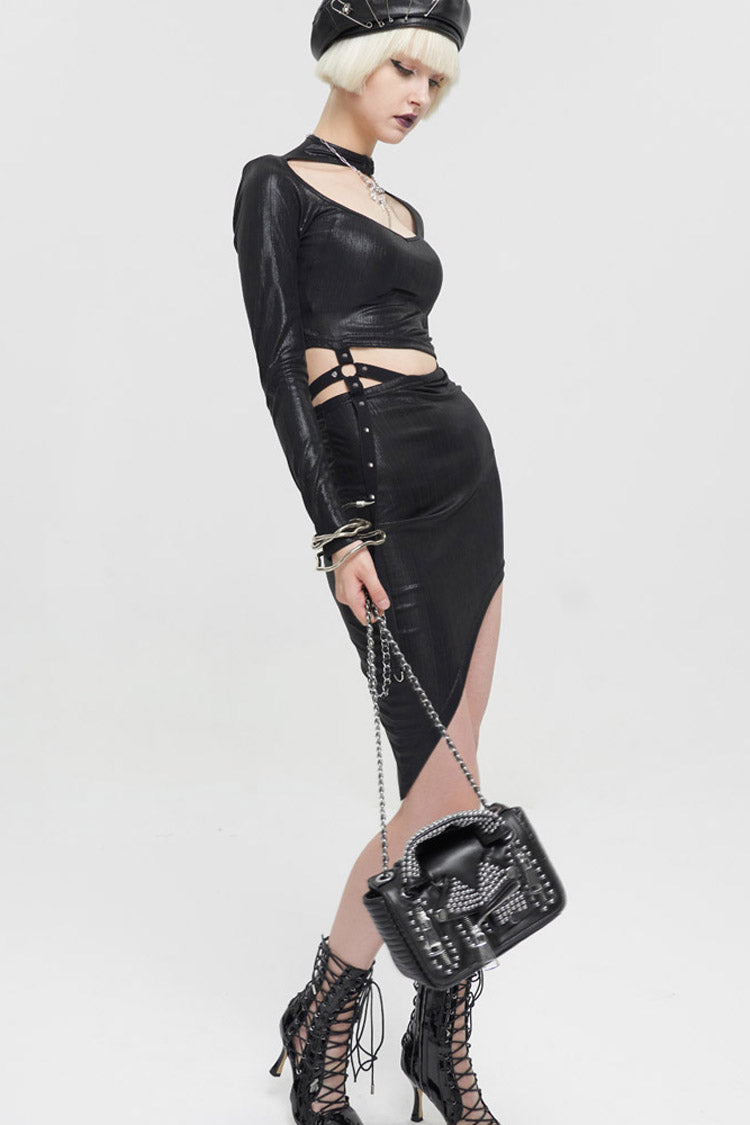 Black Punk Leather Imitation Collar Design Metal Rivet Zipper Women's Bag - Product - 7