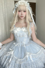Blue [Candy House] Sleeveless Ruffle Bowknot Lace Lace-Up Sweet Lolita Jsk Dress - Product - 3