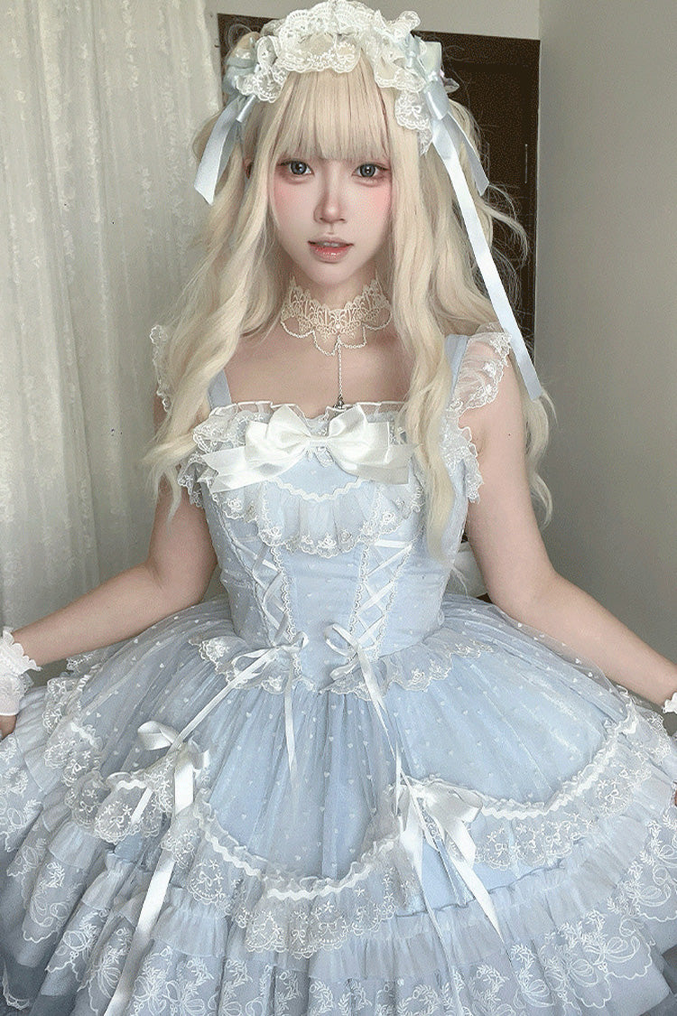 Blue [Candy House] Sleeveless Ruffle Bowknot Lace Lace-Up Sweet Lolita Jsk Dress - Product - 3