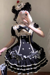 Black [Striped Layered] Short Sleeves Multi-Layered Ruffle Bowknot Sweet Princess Lolita Tiered Dress - Black - 1