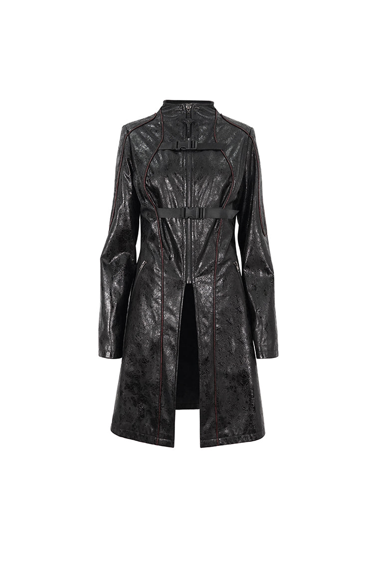 Black Double Buckle Faux Leather Long Women's Punk Coat - Product - 8