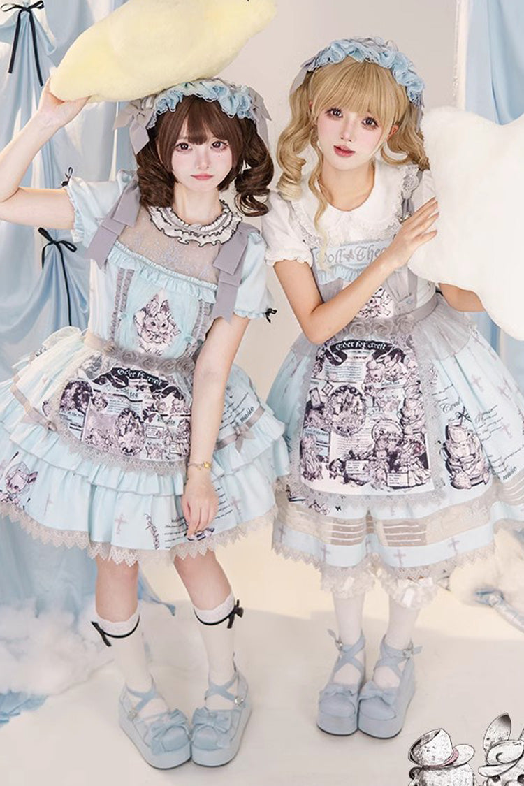 Light Blue Doll Theater Print Ruffle Lace Sweet Lolita Jsk Dress - Product - 2