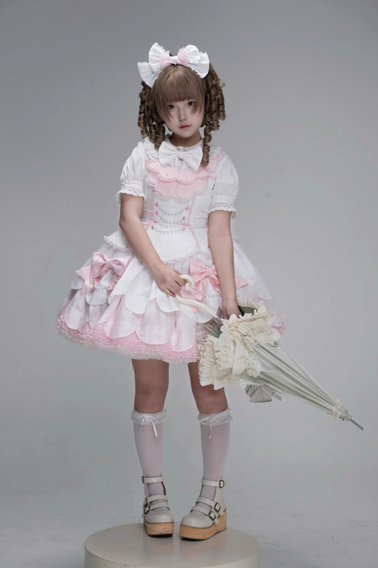 White/Pink Sleeveless Multi-Layered Ruffle Bowknot Lace Pearl Sweet Lolita Jsk Dress - Product - 7