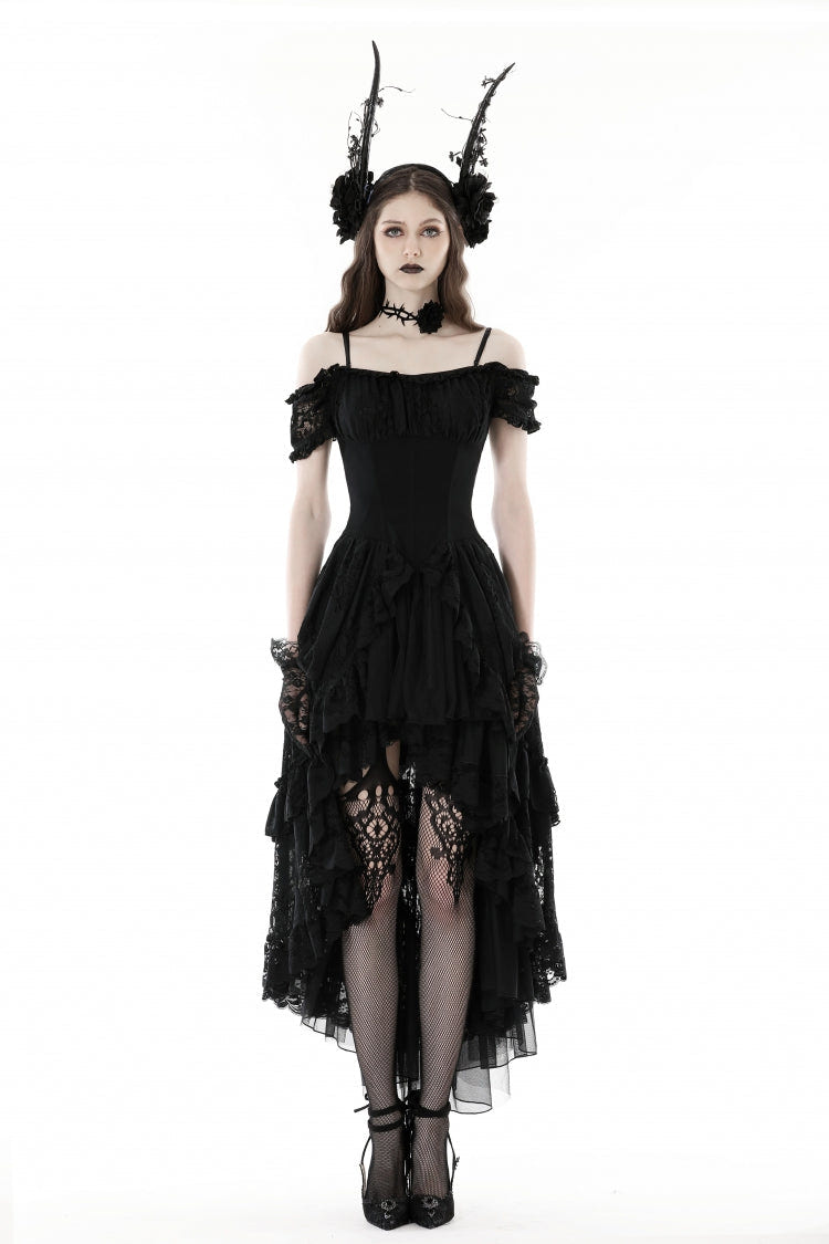 Black Boat Neck Off Shoulder Short Puff Sleeves Ruffled Lace Lace-Up Irregular Women's Gothic Dovetail Dress - Product - 5