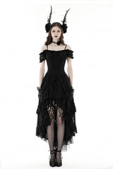 Black Boat Neck Off Shoulder Short Puff Sleeves Ruffled Lace Lace-Up Irregular Women's Gothic Dovetail Dress - Product - 5