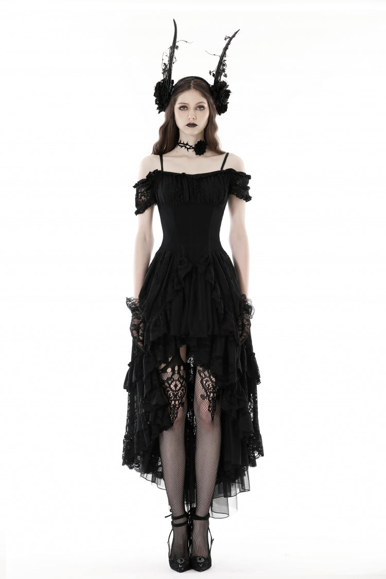 Black Boat Neck Off Shoulder Short Puff Sleeves Ruffled Lace Lace-Up Irregular Women's Gothic Dovetail Dress - Product - 5