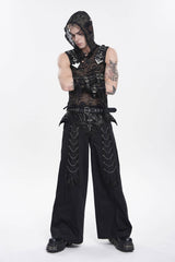 Black Spliced Studded Zippered Chain-Decorated Men's Punk Cool Pants - Black - 1