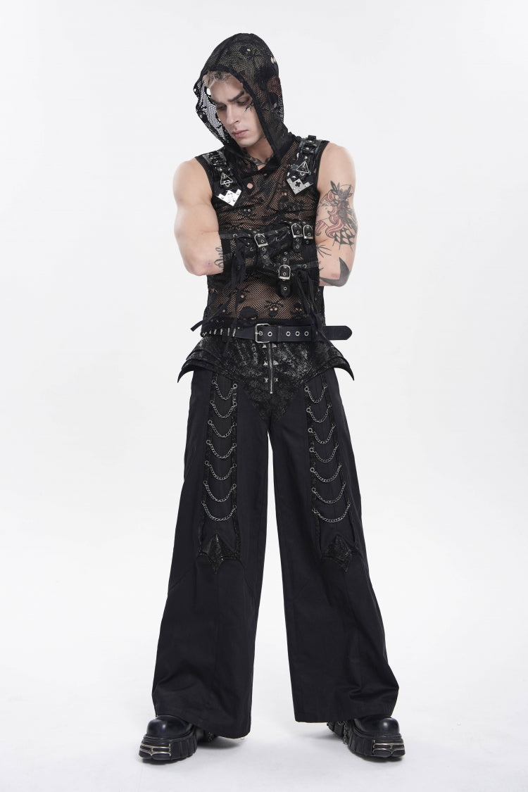 Black Spliced Studded Zippered Chain-Decorated Men's Punk Cool Pants - Black - 1