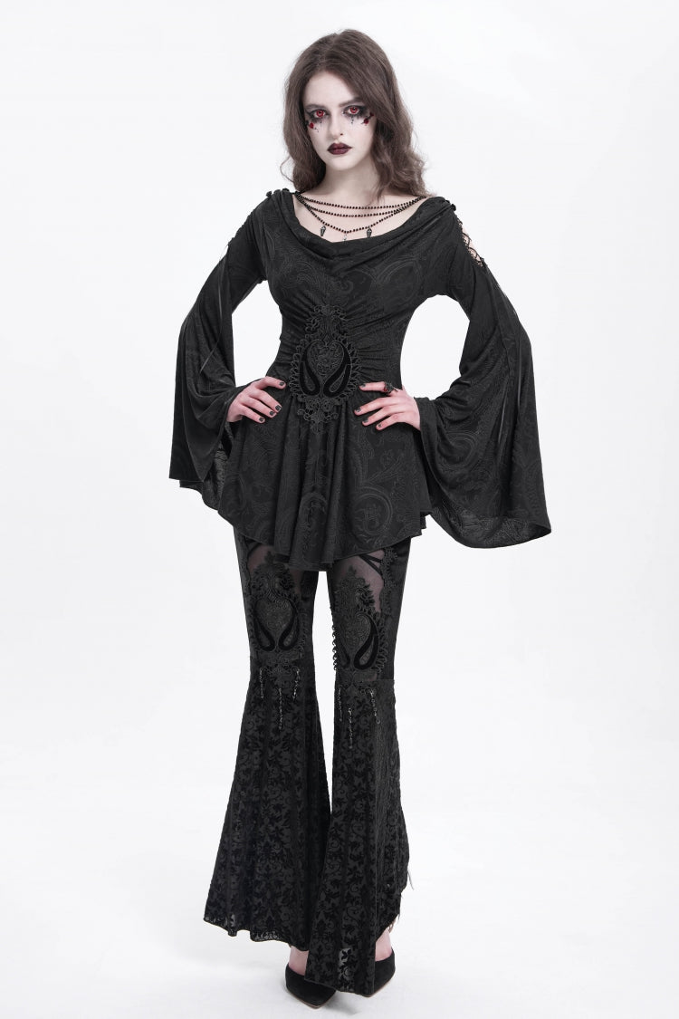 Black Long Trumpet Sleeves Print Embroidery Women's Gothic Blouse - Product - 9