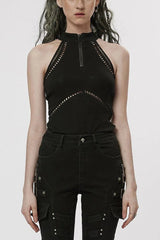 Black Off Shoulder Hollow Stitching Slim Mesh Womens Steampunk Vest - Black - 1