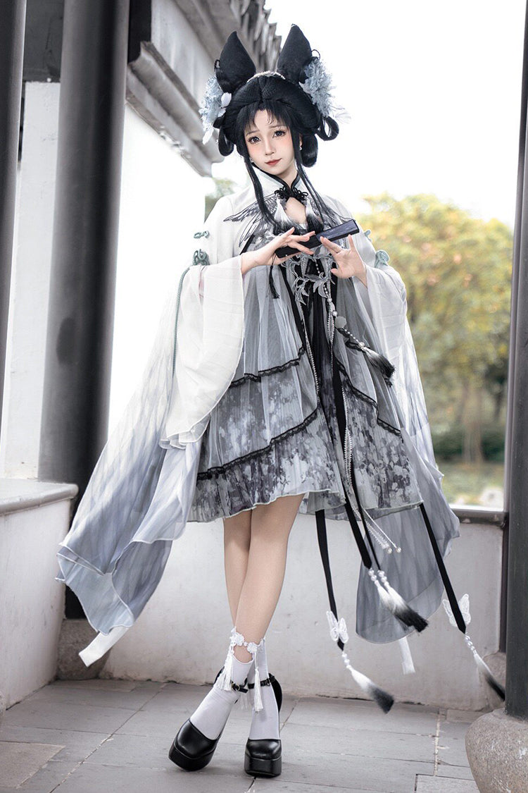 Black/White [Magpie Feather] High Waisted Printed Women's Classic Chinese Style Hanfu Dress Set - Product - 3