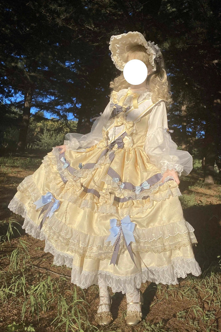 Gold Long Sleeves Multi-Layered Ruffle Bowknot Lace Sweet Princess Lolita Dress - Product - 5