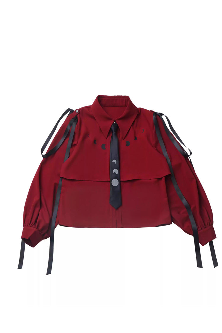Red/Black [Moonlight Flowing] Long/Short Sleeves Ruffled Asymmetric Gothic Jirai Kei Skirt Set - Long-Sleeved Blouse - 15