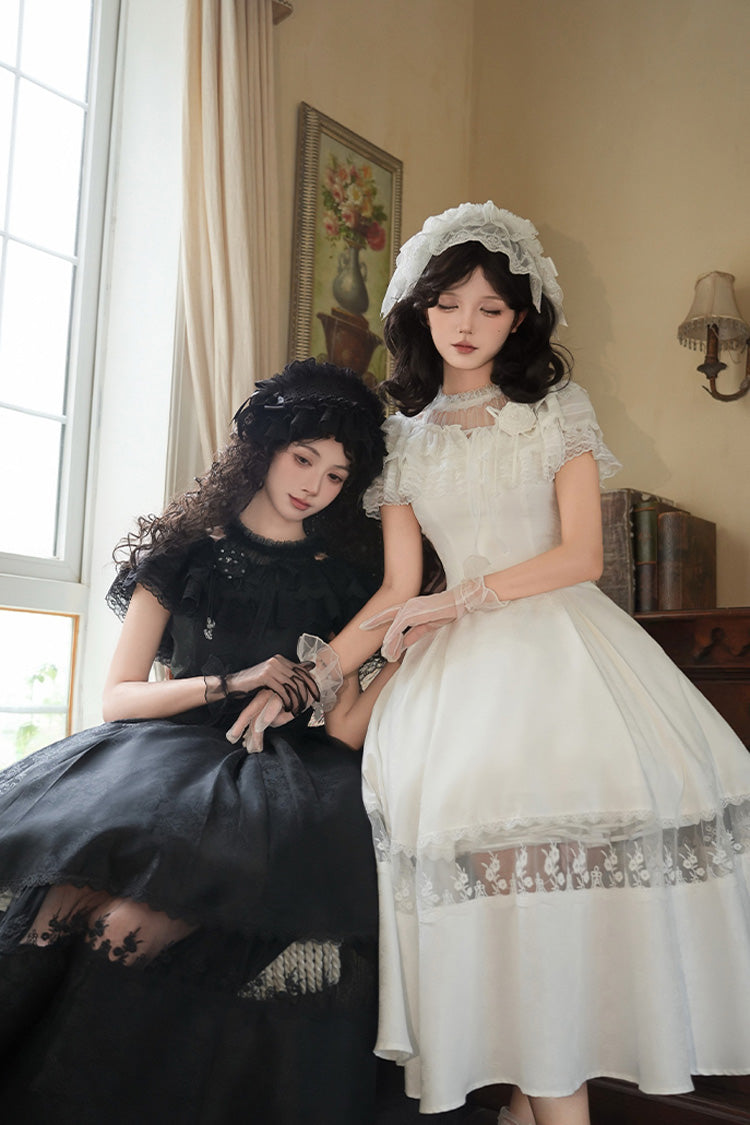 White [Flowers in the Mist] Off Shoulder Halterneck Print Ruffle Gothic Elegant Lolita Dress - Product - 10