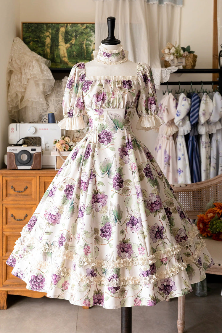 White [Basket of the Forest] Square Collar Short Sleeves Little Grape Printed Ruffled Classic Elegant Lolita Dress - White - 1