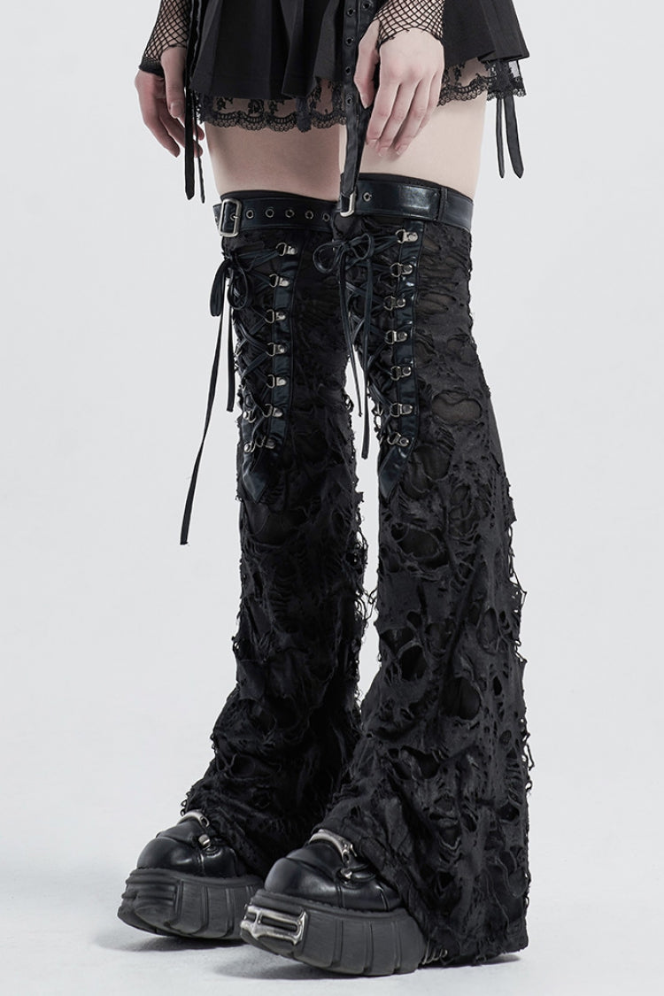 Black Lace-Up Ripped Women's Gothic Leg Warmers - Product - 2