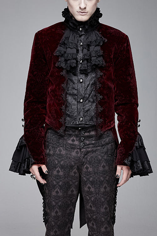 Lotus Leaf Corsage Collar False Two Piece Mens Red Gothic Swallow Tailed Coats - Red - 1
