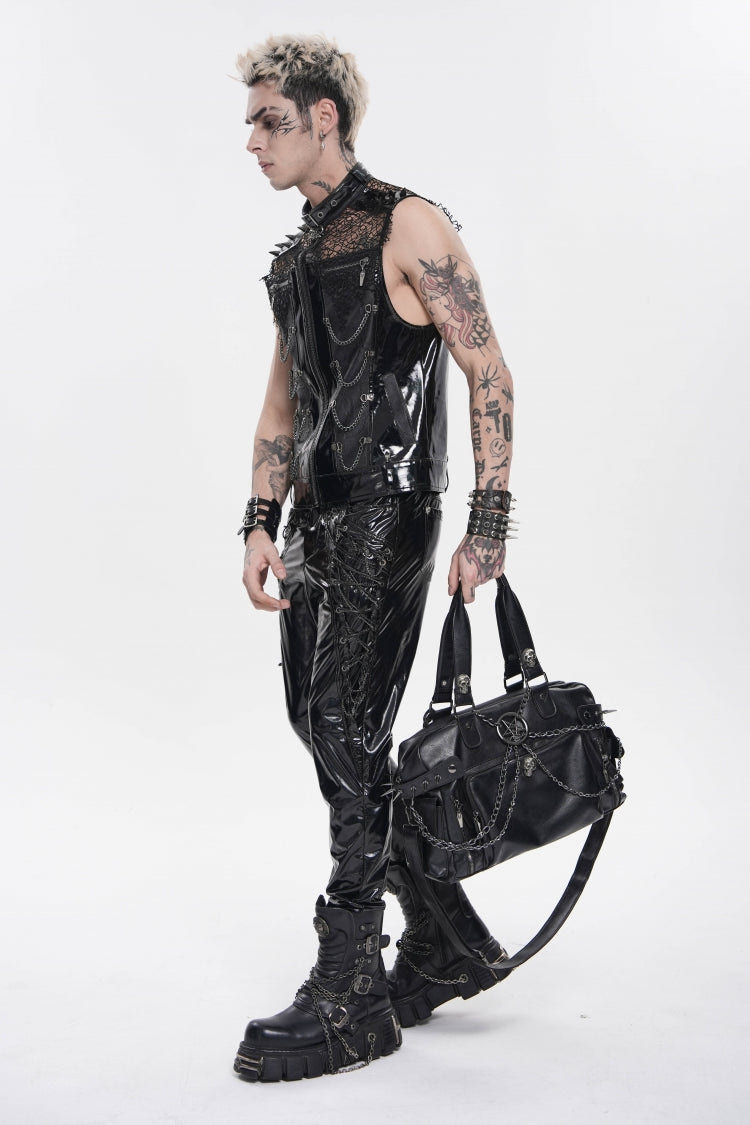 Black Spliced Mesh Studded Buckled Zippered Chain-Decorated Eyelet Men's Punk Cool Vest - Product - 15