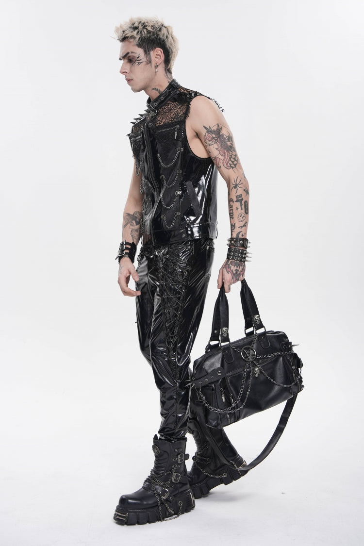 Black Spliced Mesh Studded Buckled Zippered Chain-Decorated Eyelet Men's Punk Cool Vest - Product - 15