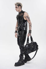Black Spliced Mesh Studded Buckled Zippered Chain-Decorated Eyelet Men's Punk Cool Vest - Product - 15