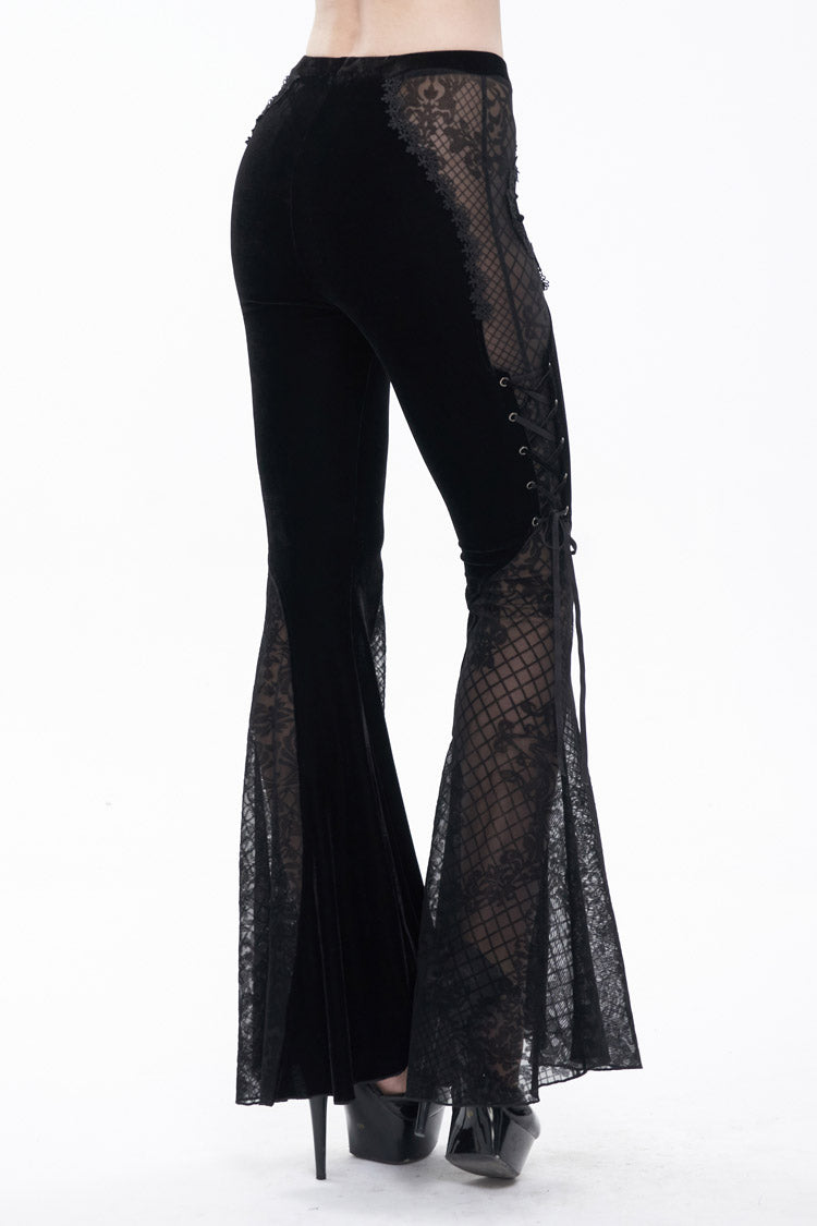 Black Translucent Velvet Jacquard Sexy Panel Lace-Up Plaid Flared Gothic Women's Pants - Product - 3